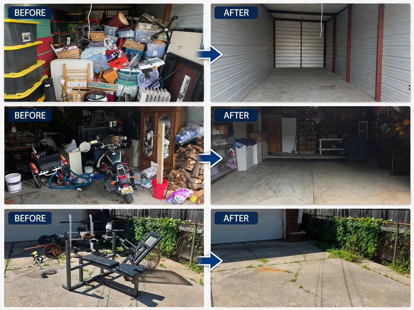 Storage, garage, and driveway cleanout comparisons.